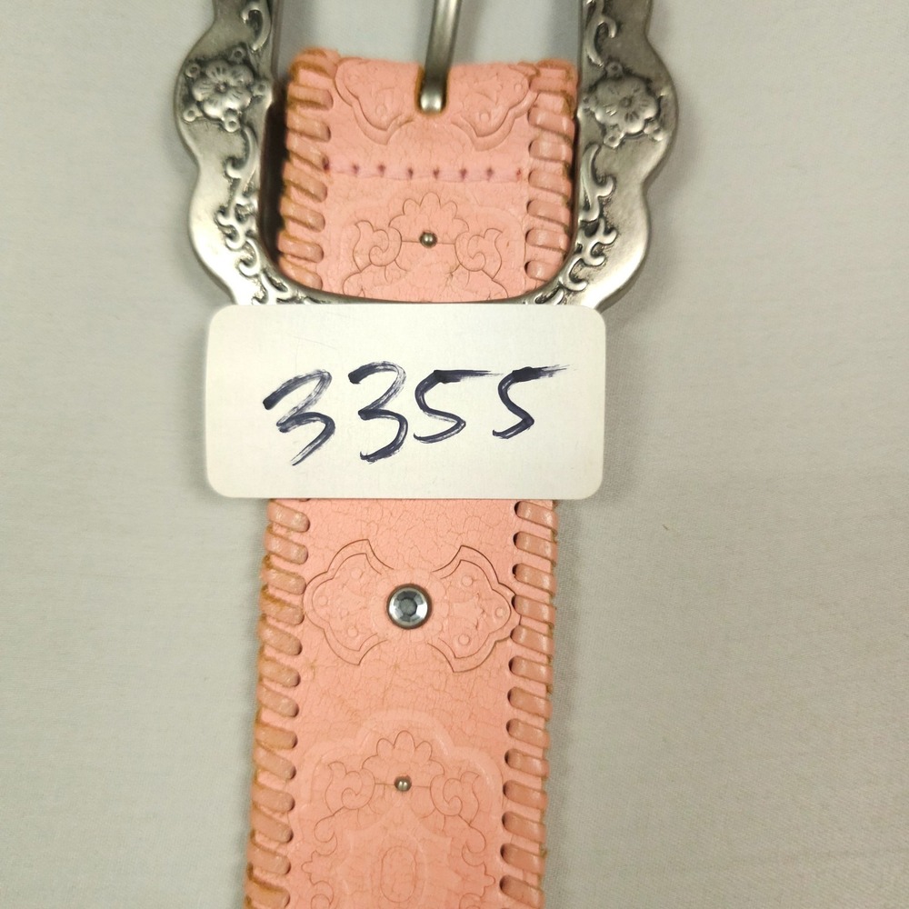 Fossil Western Belt Women Medium Pink Leather Woven Tooled Rhinestone Studded - Picture 12 of 12